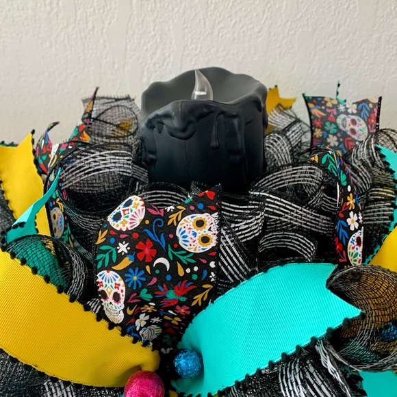 Deco mesh Day of the Dead centerpiece, candle ring,...